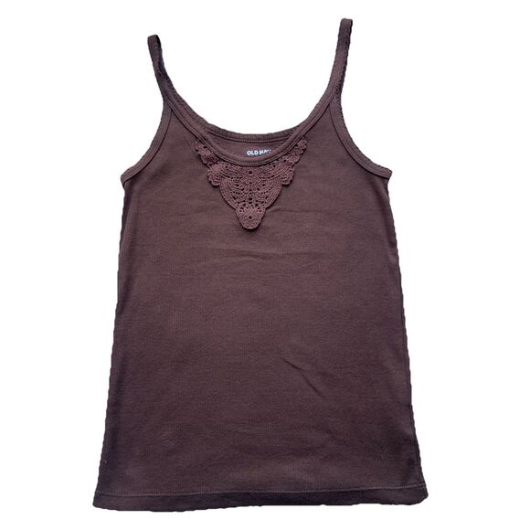 Old Navy Womens Y2K Fairy Lace Tank Top Size Small Brown Ribbed Stretch Preppy - Picture 2 of 6